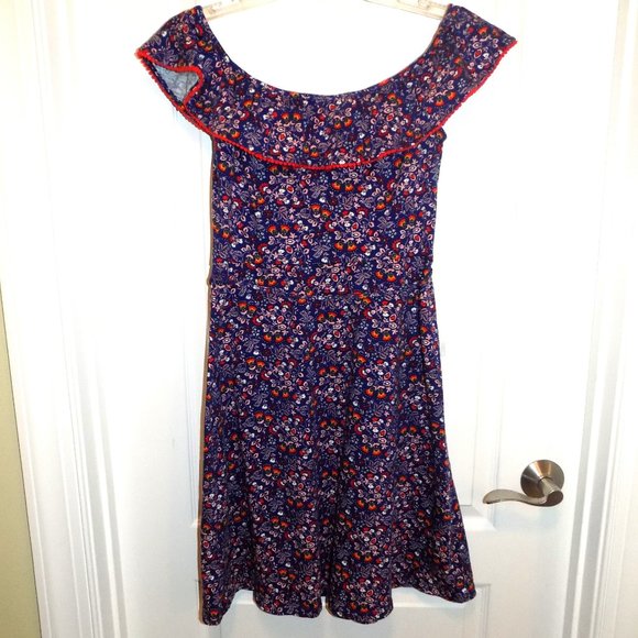 BODEN Dress Bethany Off-Shoulder Blue Red Floral Knit Sz 4 Ties at Waist - Picture 5 of 6